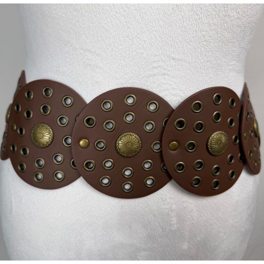 Brown Boho Concho Belt Antiqued Brass Medallion Grommet Western 42" Statement - Picture 2 of 5